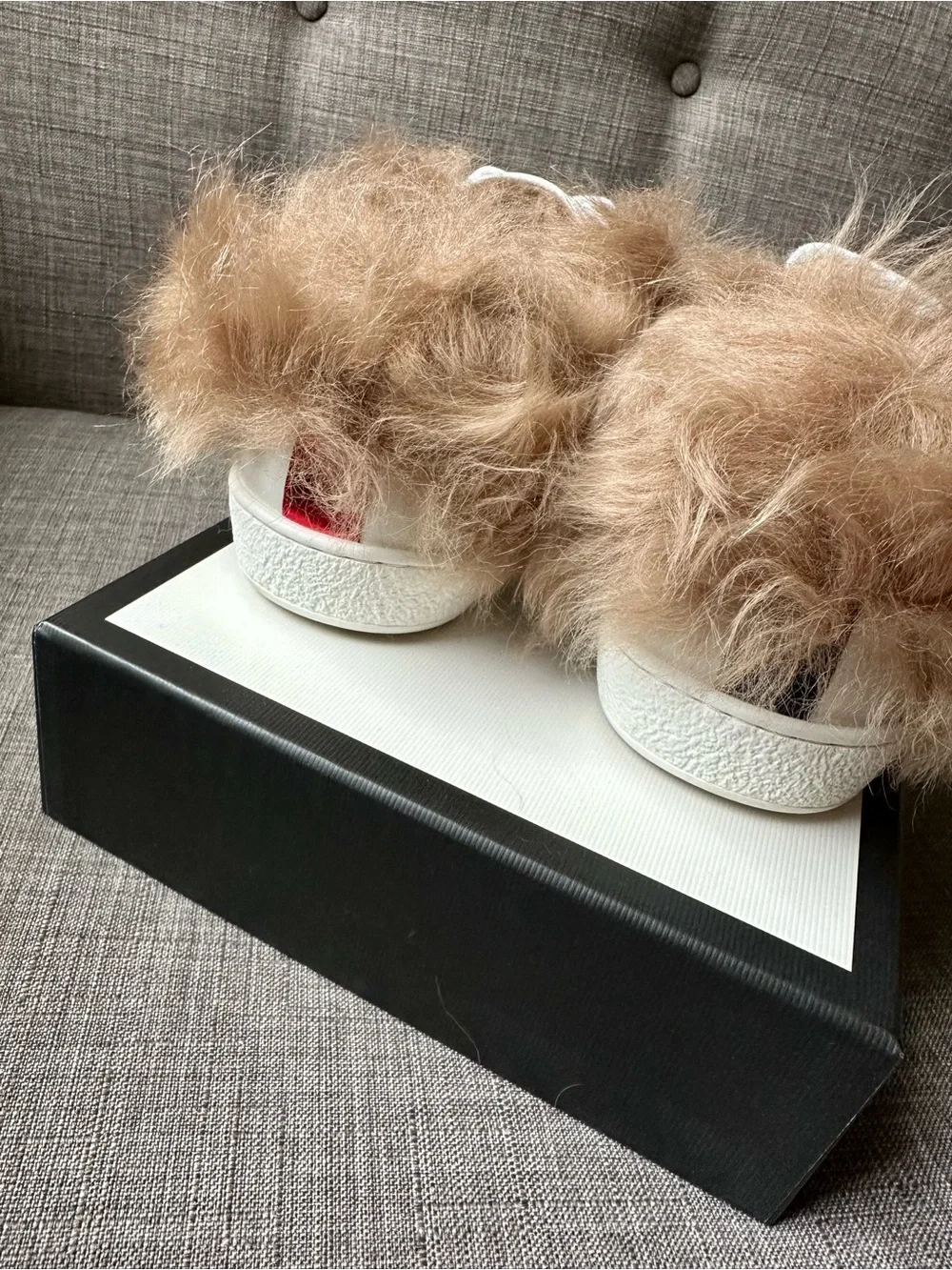 Gucci Ace White Leather Fur-Lined Sneakers with Red and Blue Stripe